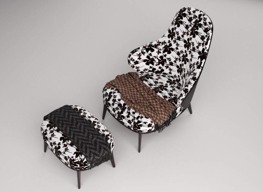 Light & Form x Nanjala Design Black Petal occasion chair and footstool by 2025 © Nanjala Design