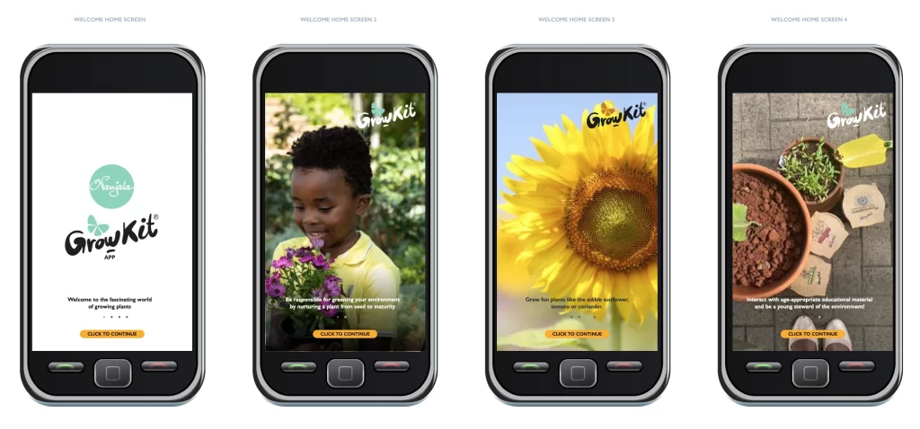Nanjala Edible Grow Kit for Kids; iGrow plant tracker notional wireframe for app.(2022) © The Nanjala Company Limited