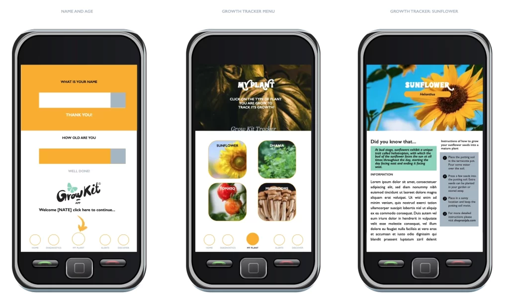 Nanjala Edible Grow Kit for Kids; iGrow plant tracker notional wireframe for app.(2022) © The Nanjala Company Limited