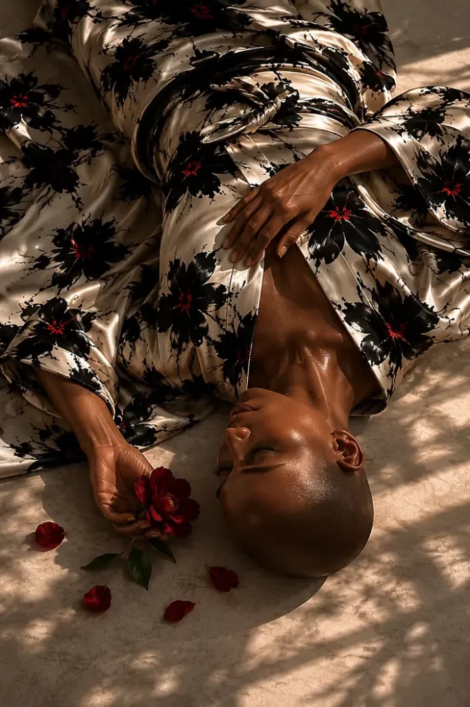 3D digital dress visualized on a black model wearing a kimono with the Black Petals print by © Nanjala Design aerial view by Daniel Echessa (2026) 7/8