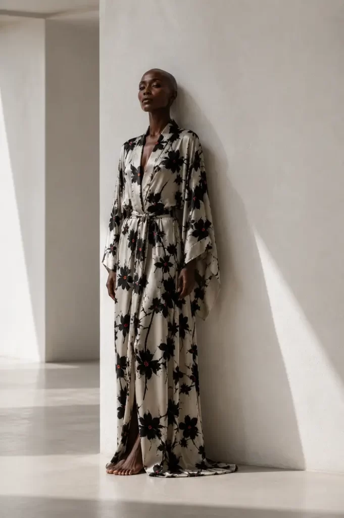 3D digital dress visualized on a black model wearing a kimono with the Black Petals print by © Nanjala Design aerial view by Daniel Echessa (2026) 1/8