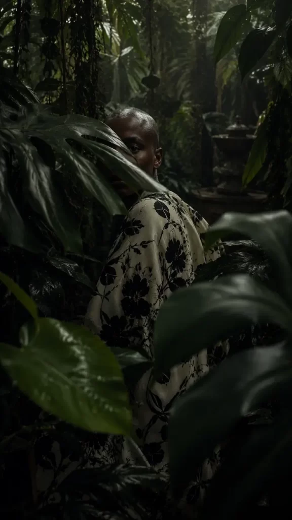 3D digital dress visualized on a black model wearing a kimono with the Black Petals print by © Nanjala Design aerial view by Daniel Echessa (2026) 2/8