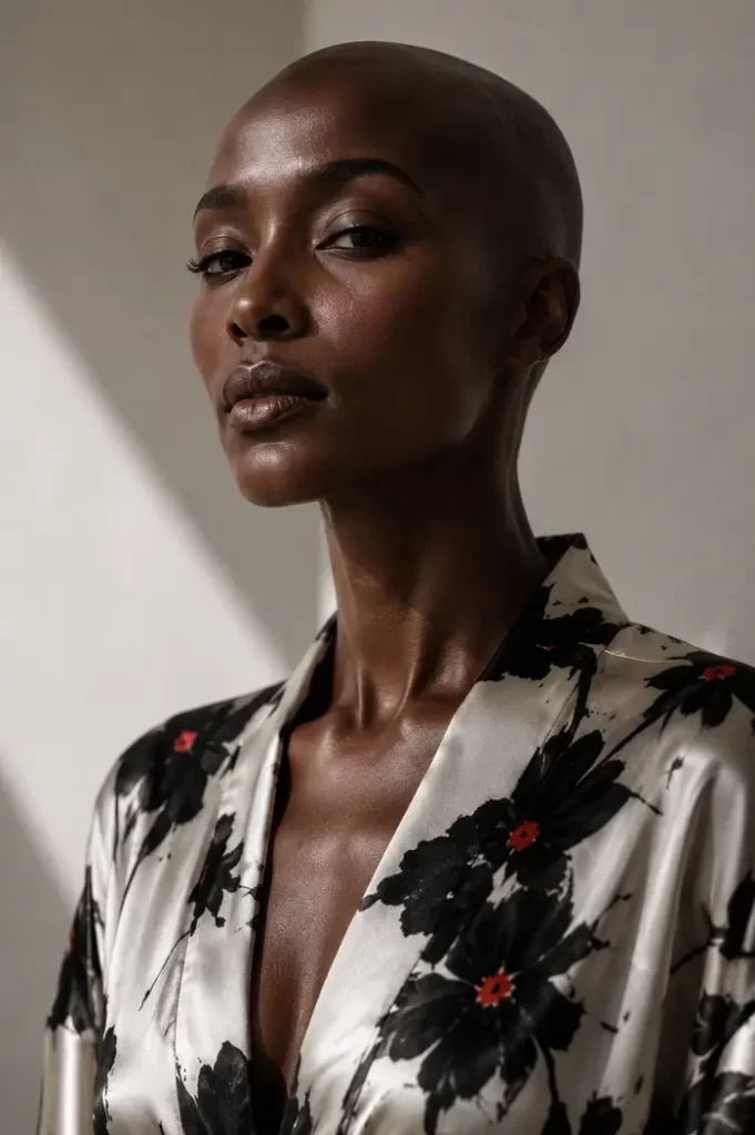 3D digital dress visualized on a black model wearing a kimono with the Black Petals print by © Nanjala Design aerial view by Daniel Echessa (2026) 3/8