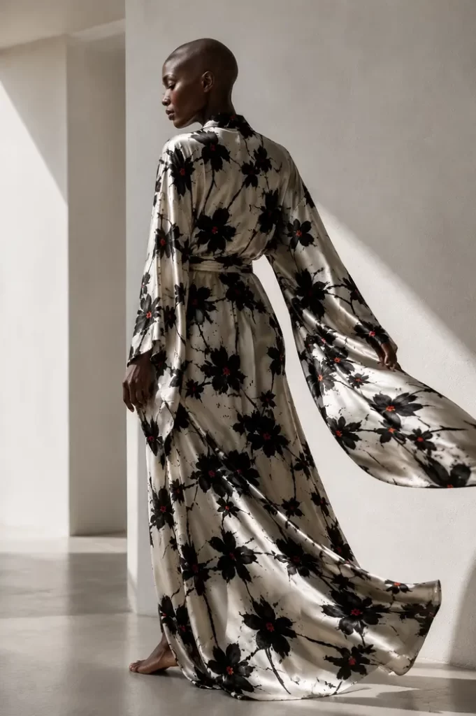 3D digital dress visualized on a black model wearing a kimono with the Black Petals print by © Nanjala Design aerial view by Daniel Echessa (2026) 6/8