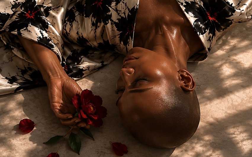 3D digital dress visualized on a black model wearing a kimono with the Black Petals print by © Nanjala Design aerial view by Daniel Echessa (2026) - hero
