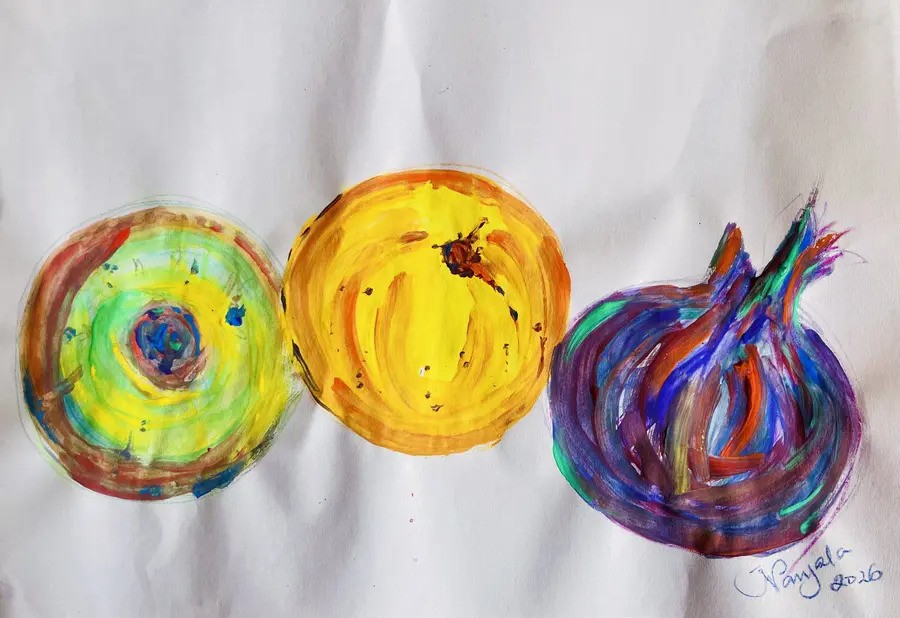 Chenza (pixie), Komamanga (pomegranate), Kitunguu (onion) watercolour painting by Teresa Lubano.0306.2026