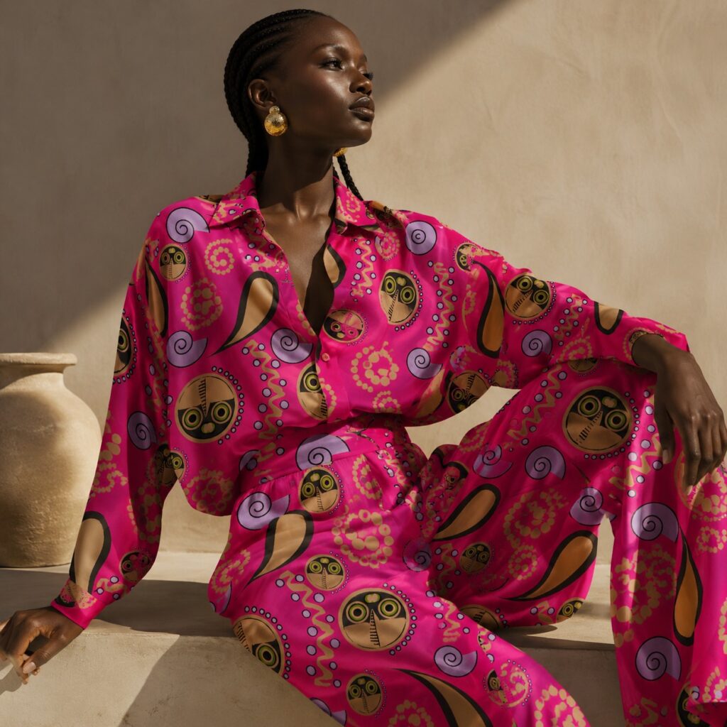 3D digital dress of a beautiful African woman wearing Anna Okumu Mbogo's, Adui Mpende. Image prompt: Tessie Gachoka