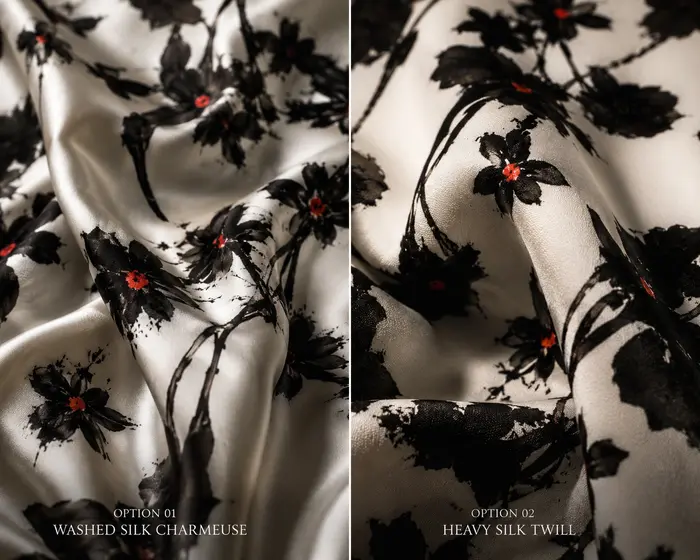 3D digital dress visualized on a black model wearing a kimono with the Black Petals print by © Nanjala Design aerial view by Daniel Echessa (2026) 8/8